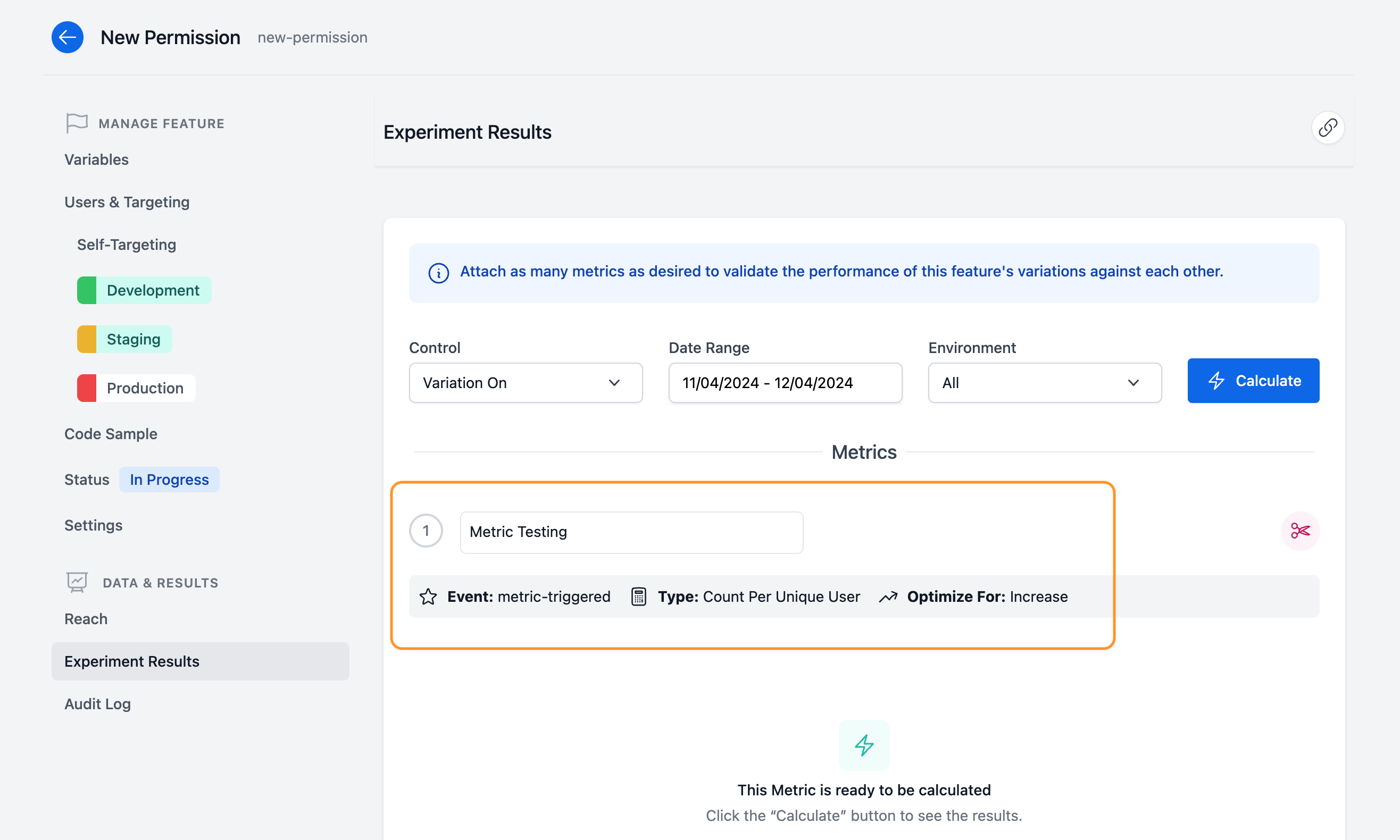 "Metric Testing" metric selected from the metrics dropdown