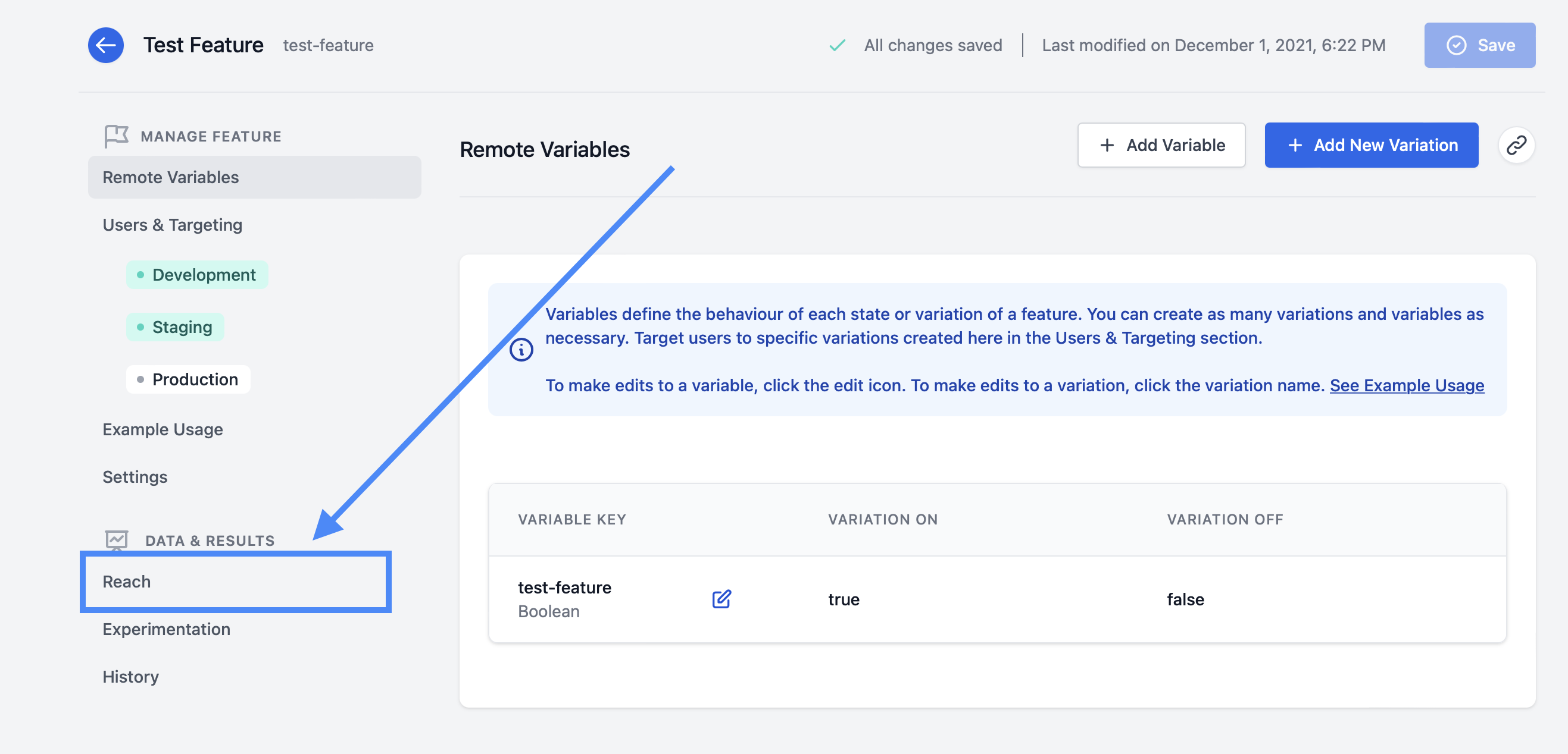 Reach button from a feature's dashboard